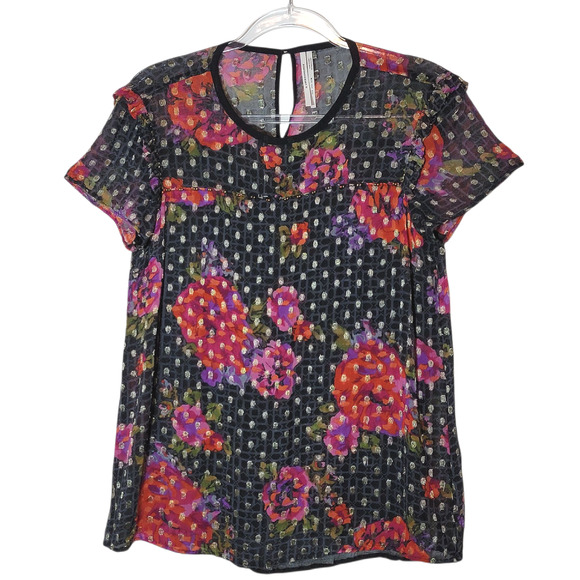 Anthropologie Fiorella Floral Blouse Gold Metallic Beaded Black Pink Red 4 - Picture 2 of 16